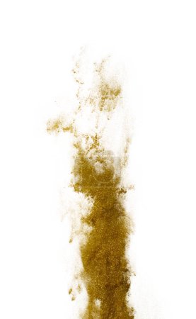 Photo for Gold metallic glitter sparkle swirl sand storm. Golden Glitter sand spark blink spin circle wind blow, fly throw gold glitters particle. White background isolated, selective focus Blur bokeh - Royalty Free Image