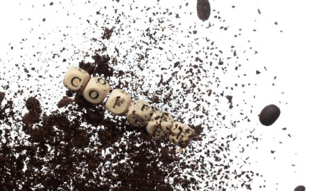 Photo for Coffee alphabet letter word bead fly with powder seed. Coffee roasted concept to refresh morning work. Coffee mix bean dust powder, alphabet letter word concept. White background isolated - Royalty Free Image