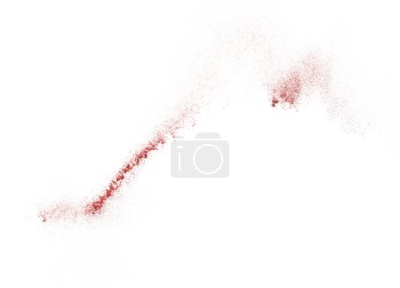 Foto de Explosión de brillo metálico rojo en el aire. centelleo de la chispa de arena del brillo rojo celebra el año nuevo chino, lanza la partícula roja del brillo de la mosca. Fondo blanco aislado, enfoque selectivo Blur bokeh - Imagen libre de derechos
