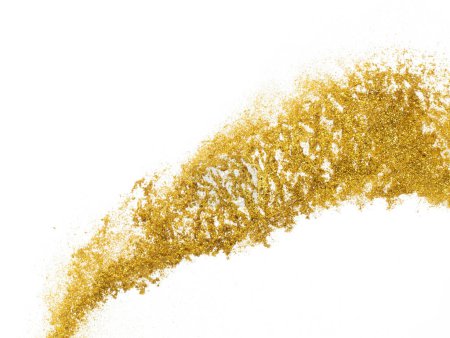 Gold metallic glitter sparkle explosion in air. Golden Glitter sand spark blink celebrate Chinese new year, fly throw gold glitters particle. White background isolated, selective focus Blur bokeh