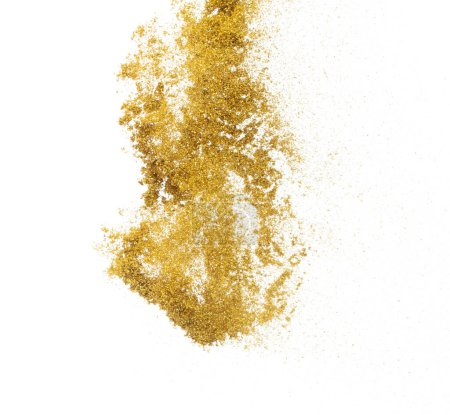 Foto de Explosión de brillo metálico dorado en el aire. Brillo de oro chispa de arena parpadear celebrar el año nuevo chino, volar lanzar partículas de brillo de oro. Fondo blanco aislado, enfoque selectivo Blur bokeh - Imagen libre de derechos