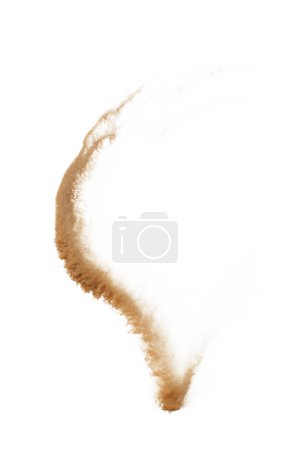 Photo for Abstract cloud fly. Yellow colored sand splash throwing curve circle in Air. Golden grain wave explode. Fine Sand flying explosion, White background Isolated throwing particle element object - Royalty Free Image