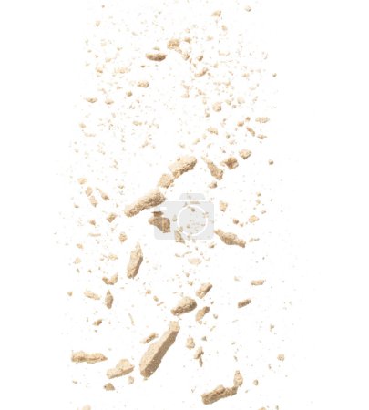 Photo for Seasoning powder explosion flying, Beige brown seasoning powder wave floating fall down in air. Seasoning powder is element material. Eyeshadow crush for make up artist. White background Isolated - Royalty Free Image