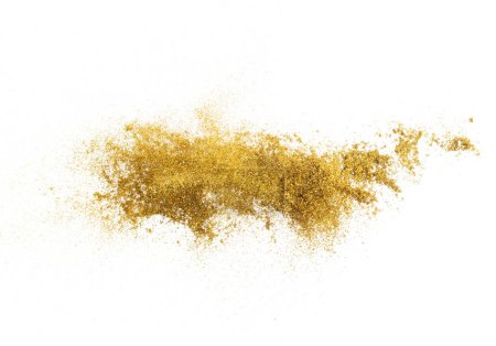 Goldmetallischer Glanz funkelt explosionsartig in der Luft. Goldglitzernder Sandfunken blinkt beim chinesischen Neujahrsfest, Fliegenwerfen glitzert Goldpartikel. Weißer Hintergrund isoliert, selektiver Fokus Blur Bokeh