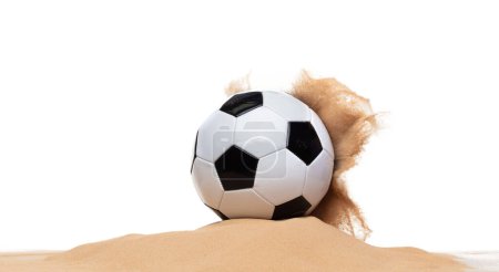 Photo for Classic sport football ball on sand pile over white background isolated. Sand splashing splatter by hitting soccer football ball attack and sand explode explosion. - Royalty Free Image
