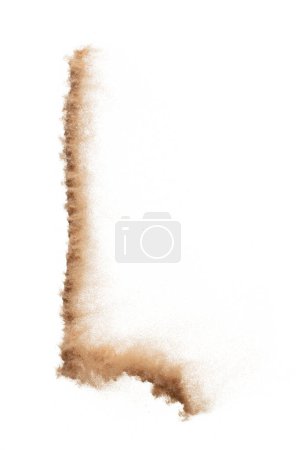 Photo for L English alphabet made of Sand explosion with L English alphabet scattered, space for text. Concept of Flying sand particle object to shape in air. White background Isolated throwing element object - Royalty Free Image
