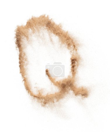 Photo for Q English alphabet made of Sand explosion with Q English alphabet scattered, space for text. Concept of Flying sand particle object to shape in air. White background Isolated throwing element object - Royalty Free Image