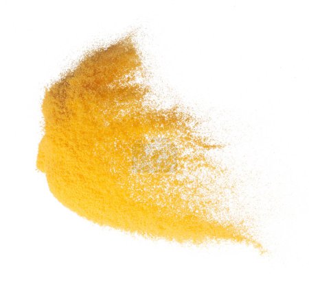 Photo for Small size yellow Sand flying explosion, gold cheese sands grain wave explode. Abstract cloud fly. Yellow colored sand splash throwing in Air. White background Isolated high speed shutter, throwing - Royalty Free Image