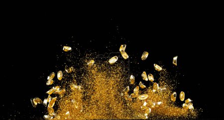 Gold Ingot Chinese Money Bar Token fliegen mit Staubpartikeln in der Luft. Chinesisches Neujahr Yuanbao Goldbarren schwimmend zu goldenem Geldsand Teilchen. Sprache ist Wohlstand. Schwarzer Hintergrund isoliert