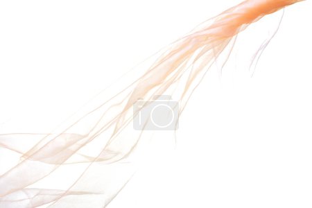 Téléchargez les photos : Tissu organza orange volant en forme de courbe, morceau de tissu organza orange textile jeter tomber dans l'air. fond blanc flou de mouvement isolé - en image libre de droit