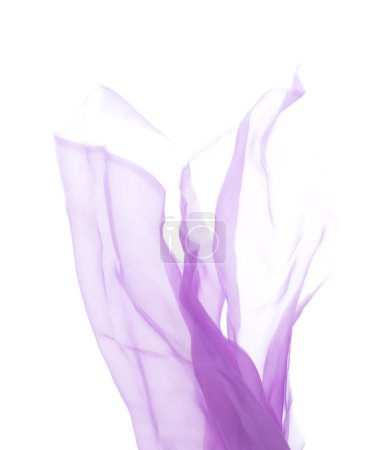 Photo for Purple Violet Organza fabric flying in curve shape, Piece of textile blue sky organza fabric throw fall in air. White background isolated motion blur - Royalty Free Image