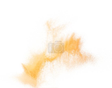 Photo for Small size orange Sand flying explosion, fruit sands grain wave explode. Abstract cloud fly. Orange colored sand splash throwing in Air. White background Isolated high speed shutter, throwing freeze - Royalty Free Image