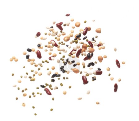 Photo for Mix beans fall down explosion, several kind bean float explode. Dried mixed white green red soy black peanut beans splash throwing in Air. White background Isolated high speed shutter, freeze - Royalty Free Image