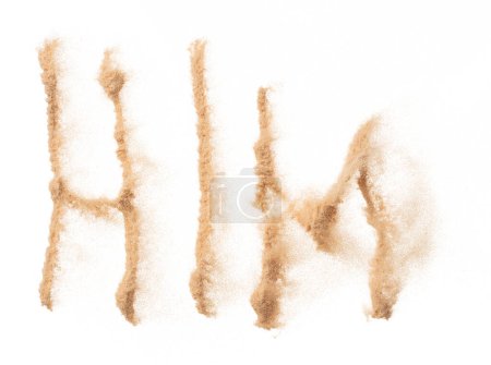HIM Text Word of Sand letter. Calligraphy of Sand flying explosion with HIM text wording in alphabet english letter. White background Isolated throwing particle element object