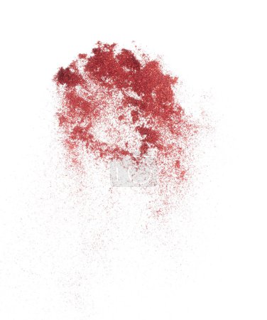 Roter metallischer Glanz funkelt in der Luft. Roter Glitzerfunken blinkt zum chinesischen Neujahr, Fliegen werfen rote Glitzerpartikel. Weißer Hintergrund isoliert, selektiver Fokus Blur Bokeh