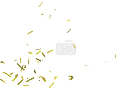Golden Confetti Foil fall splashing in air. Gold Confetti Foil explosion flying, abstract cloud fly. Many Party glitter scatter in many group. White background isolated high speed shutter freeze