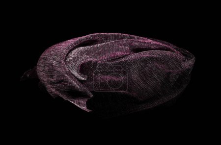 Photo for Purple Silver lace fabric flying in curve shape, Piece of textile purple silver lace fabric throw fall in air. Black background isolated, dark shading environment - Royalty Free Image