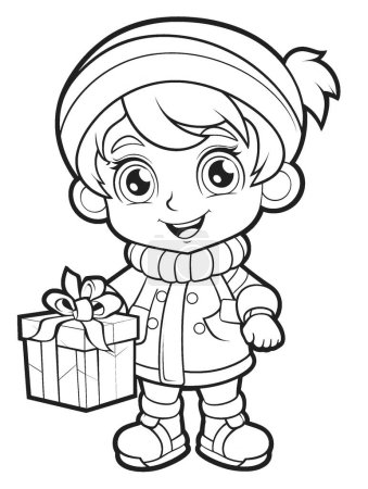 Foto de Niña feliz con la caja de regalo de Navidad. vector doodle ilustración ilustración. aislado sobre un fondo blanco. perfecto para colorear libro para niños - Imagen libre de derechos