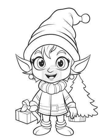 Foto de Linda chica elfa de Navidad en sombrero de santa y bufanda con regalos. vector libro para colorear. - Imagen libre de derechos