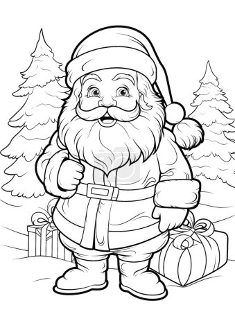 Foto de Navidad claus con regalos en el bosque de invierno. ilustración garabato dibujado a mano aislado sobre fondo blanco. perfecto para colorear libro para niños - Imagen libre de derechos