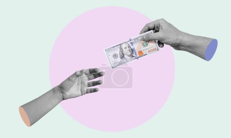 Téléchargez les photos : Collage d'art, mains avec de l'argent, mains qui cherchent de l'argent. Concept d'entreprise et de finance. - en image libre de droit