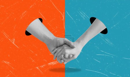 Collage abstrait créatif d'une image montrant un couple heureux tenant la main sur un fond orange et bleu. Le concept d'amour et de vie partagée.