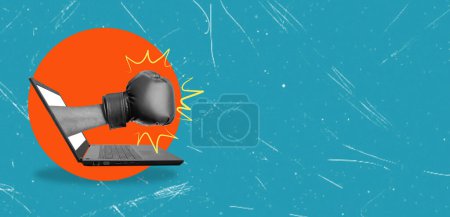 Photo for Creative Collage. Hand in Boxing Glove Punching Out of a Laptop Screen. Concept of Bad News from the Internet - Royalty Free Image