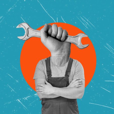 Creative collage image of a confident construction worker with a wrench instead of a head, isolated on a blue background.