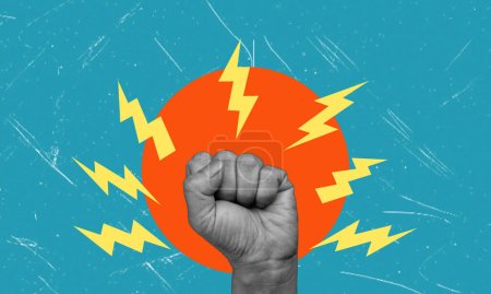 A modern artistic collage of a human hand clenched in a fist with lightning on a blue background. The concept of resistance