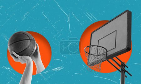 Photo for Modern art collage depicting a man's hand with a basketball into a basket on a blue background. Online game concept. Copy space for advertising - Royalty Free Image