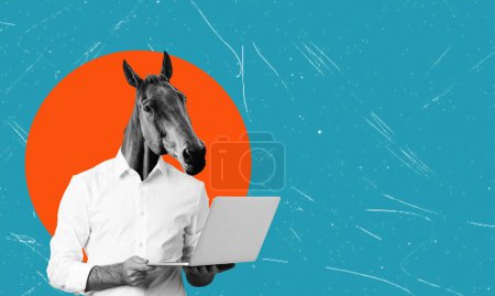 Art collage, man with horse head with laptop on blue background with space for text. The concept of work on freelance.