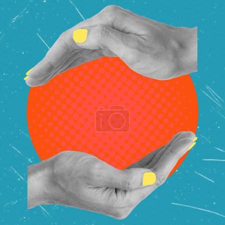 Art collage, hands with yellow nails on round orange background. Advertising and promotion concept.