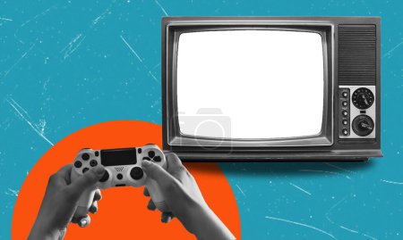 Art collage, hand with joystick and TV, gamer playing. Concept of games on TV.