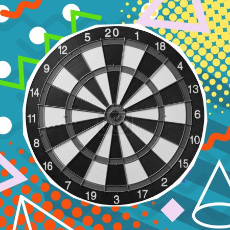 Modern art collage featuring darts on a futuristic background. The concept of hitting the target.
