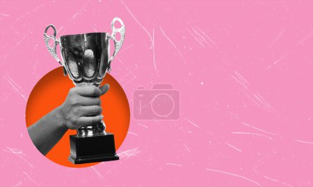 Modern art collage, champion cup on pink background with copy space. First place award concept.