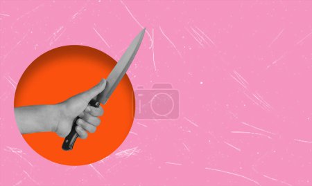 Art collage, the hand with a knife on a pink background with copy space. Concept of attack or stabbing with a knife.
