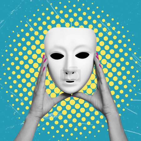 Eine moderne künstlerische Collage mit dem Bild einer Theatermaske, die von den Händen einer Frau gehalten wird. Das Konzept dreht sich um darstellende Kunst, Theater und Kino.