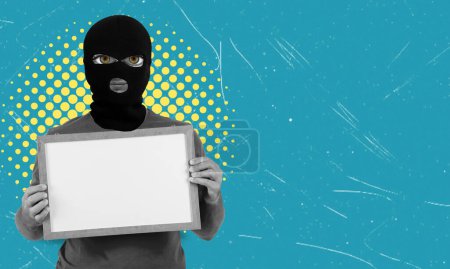 Art collage, man with sign and wearing balaclava on blue background with copy space. Concept of fraud and theft.