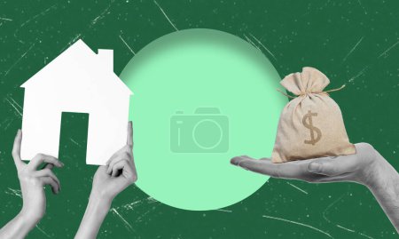 Contemporary art collage featuring money and house in hand. Concept of buying or selling a house.