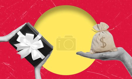 collage de arte, dinero y regalo en la mano. El concepto de comprar un regalo caro. collage de arte contemporáneo.