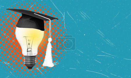 Photo for Modern art collage featuring a light bulb and graduation cap on a blue background with space for text. Concept of student, education and bright mind. - Royalty Free Image