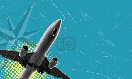 Kunstcollage, eine Collage moderner Kunst, die ein startendes Flugzeug auf blauem Hintergrund mit Kopierraum zeigt. Reise- und Tourismuskonzept.