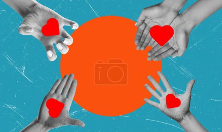 Collage moderner Kunst, Symbole der Liebe und Einheit Hände mit roten Herzen auf farbigem Hintergrund. Das Konzept von Liebe und Romantik.