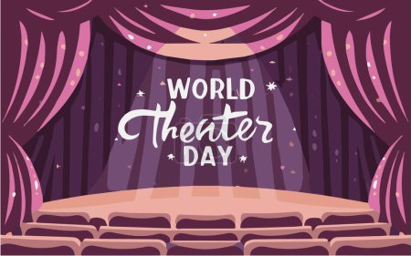 Welttheatertag, 27. März, konzeptionelle Grußkarte, mit Vorhang und Bühne mit rotem Samtvorhang. Gestaltung von Bannern zum Welttheatertag