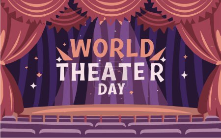 World Theater Day, March 27, conceptual greeting card, with curtain and Stage with red velvet curtain. World Theater Day banner design