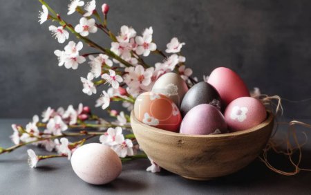 Téléchargez les photos : Œufs de Pâques au nid et fleurs de cerisier. Oeufs de poulet et de caille. IA générative - en image libre de droit