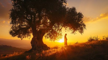 Foto de Jesús de pie debajo de un olivo antiguo, orando, mientras el sol se pone, reflejando la soledad y la comunión con Dios. - Imagen libre de derechos