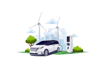 Téléchargez les illustrations : SUV Electric car are charging at the charger station with green energy source illustration concept - en licence libre de droit