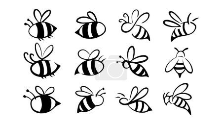 Ilustración del logotipo dibujado a mano de abeja con diferentes colecciones de estilo