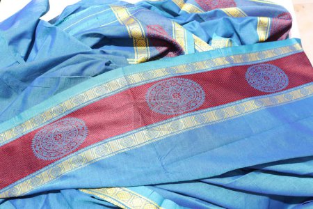 Photo for Female Blue Handmade Work Saree Isolated on White Background - Royalty Free Image